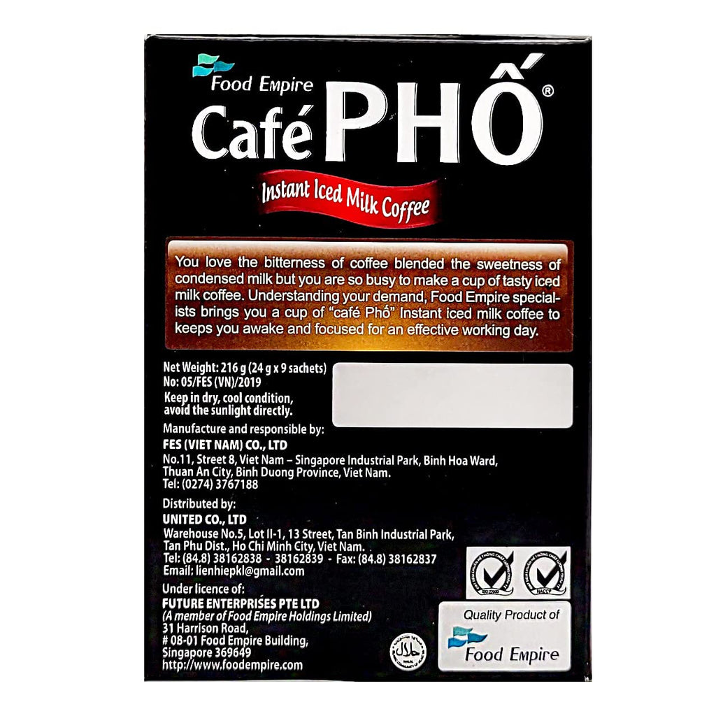 Cafe Pho Vietnamese 3in1 Instant Coffee Mix, Iced Milk Coffee, Cafe Sua Da, Single Serve Coffee Packets, Box of 9 Sachets, Pack of 3
