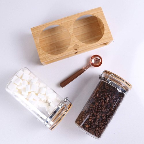 KKC Glass Protein Powder Container, 40oz Airtight Collagen Storage Jars with Bamboo Lids & 1 TBSP Measuring Spoons - Wide Mouth Aesthetic Countertop Dispenser Organizer for Kitchen, Smoothie Bar