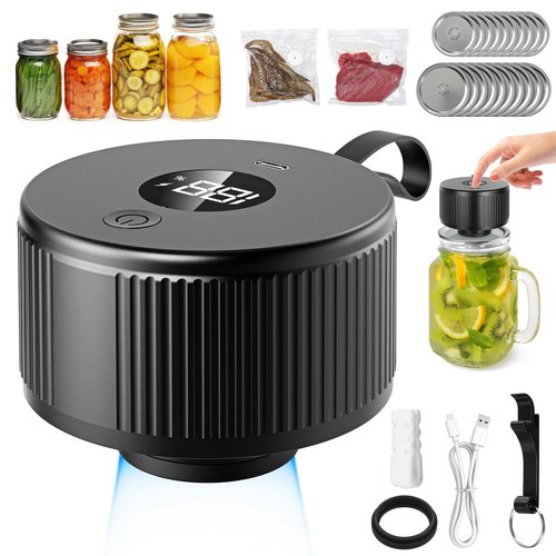 Automatic Mason Jar Vacuum Sealer Kit for Regular Mouth and Wide Mouth Canning Jars, 3-in-1 Electric Mason Jar Vacuum Sealer with 10 Regular Mouth 10 Wide Mouth Canning Jars and 2 Sous Vide Bags