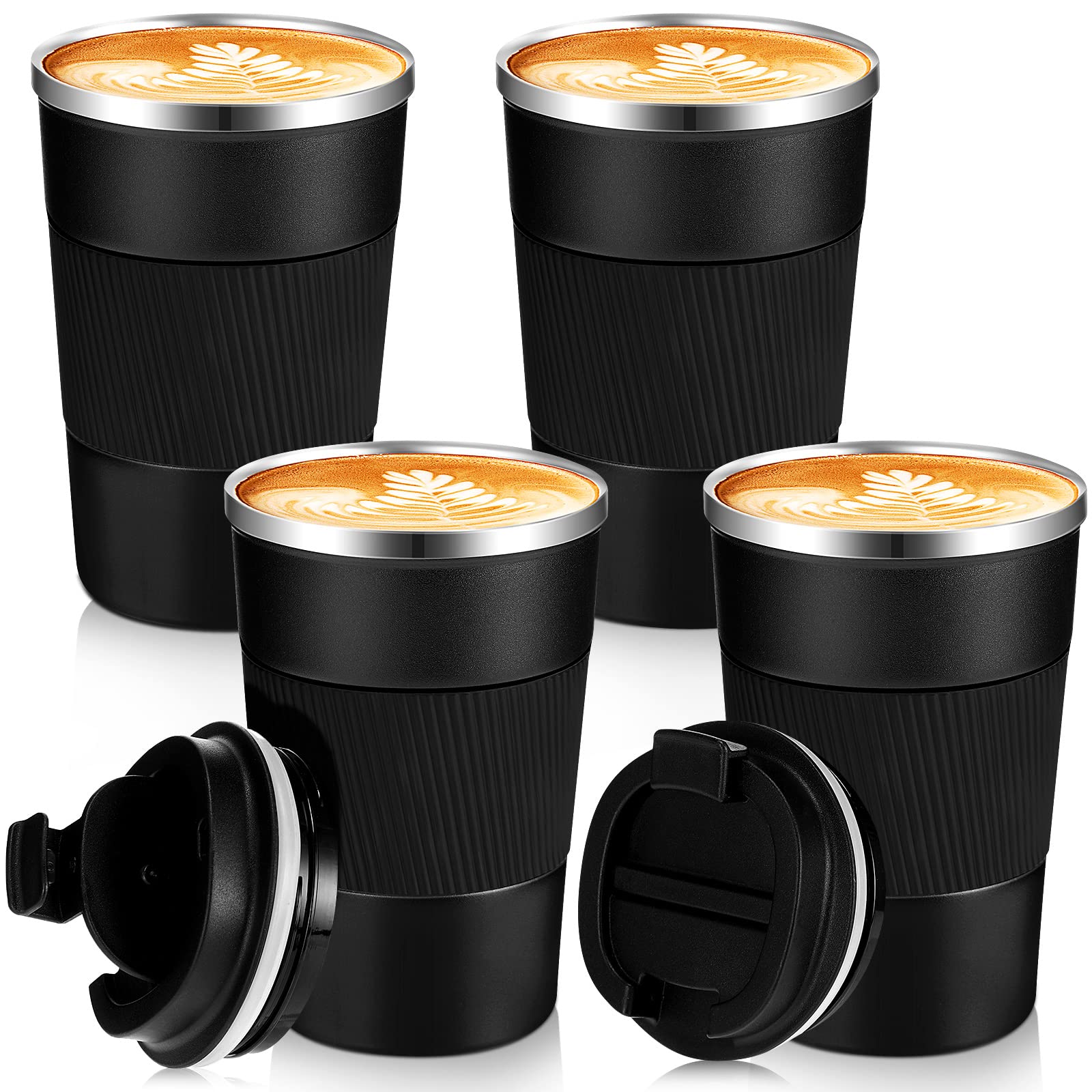 Sabary 4 Pack 16 oz Bulk Travel Coffee Mug with Lid Reusable Vacuum Insulated Coffee Tumbler Double Wall Thermal Stainless Steel Camping Tea Cup for Christmas Winter Drinks Employee Gift(Black)