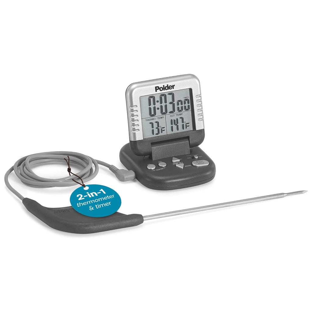 Polder Classic Digital Thermometer and Timer, Meat Thermometer for Cooking, Stainless Steel Probe, 24-Hour Countdown Timer with 40" Long, High-Heat Silicone Cord