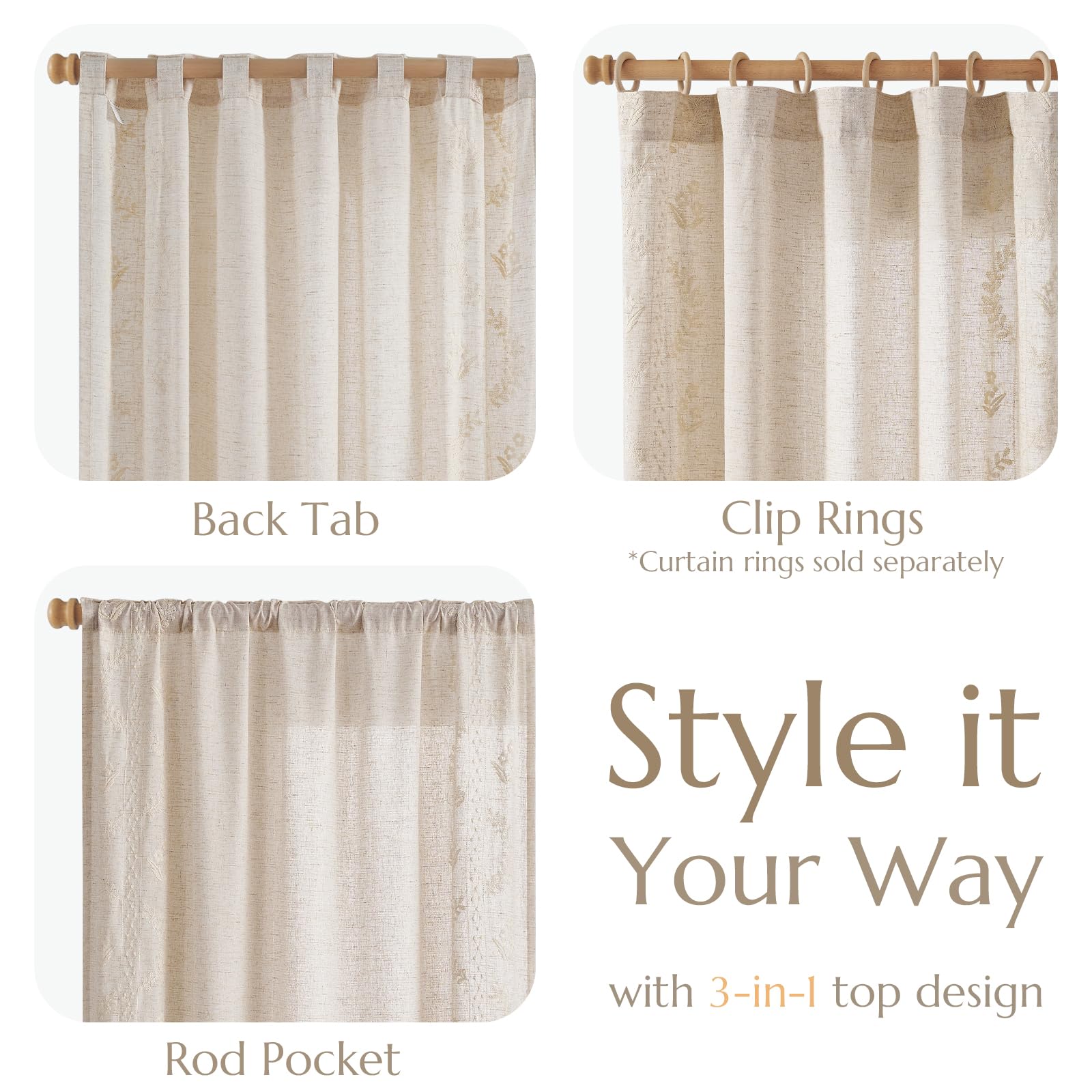 jinchan Belrose Linen Curtains for Bedroom Floral Curtains 90 Inch Length Linen Blend Ivory Embroidered Drapes Farmhouse Flower Patterned Drapes for Living Room Window Treatments Set 2 Panels