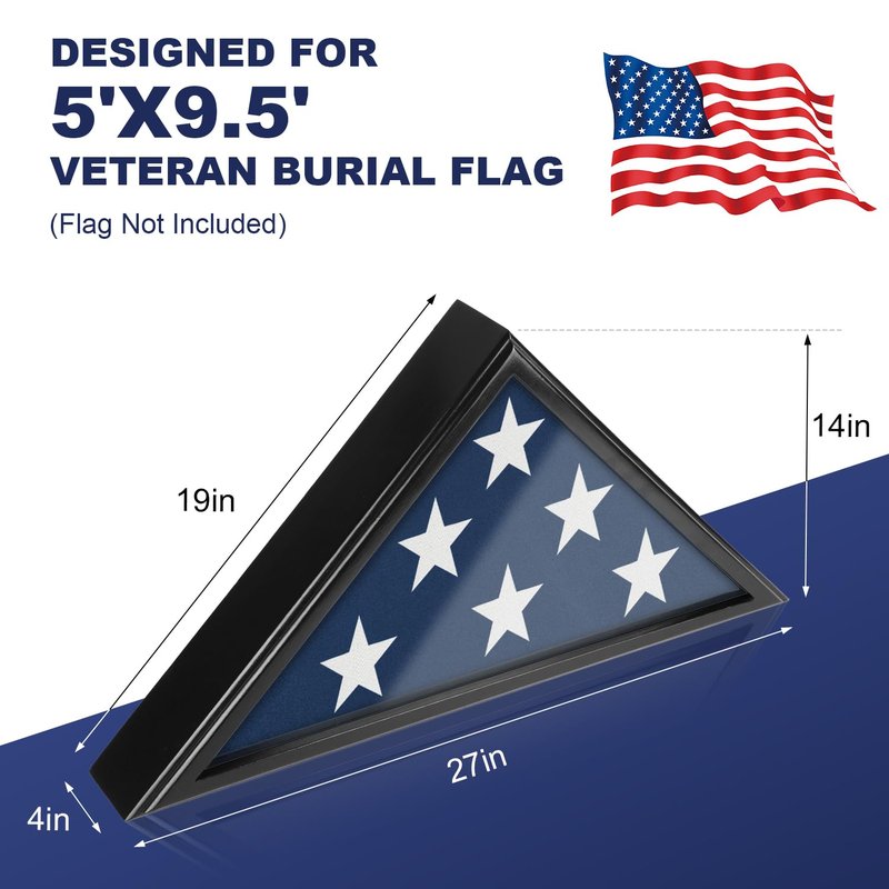 Flag Display Case for Burial Flag with Glass Front, 9.5x5' Folded Flag Case for Burial Flag, Wooden Flag Box Display Case, Flag Holder for Veteran Burial Flag Display Case, Military Flag Frame