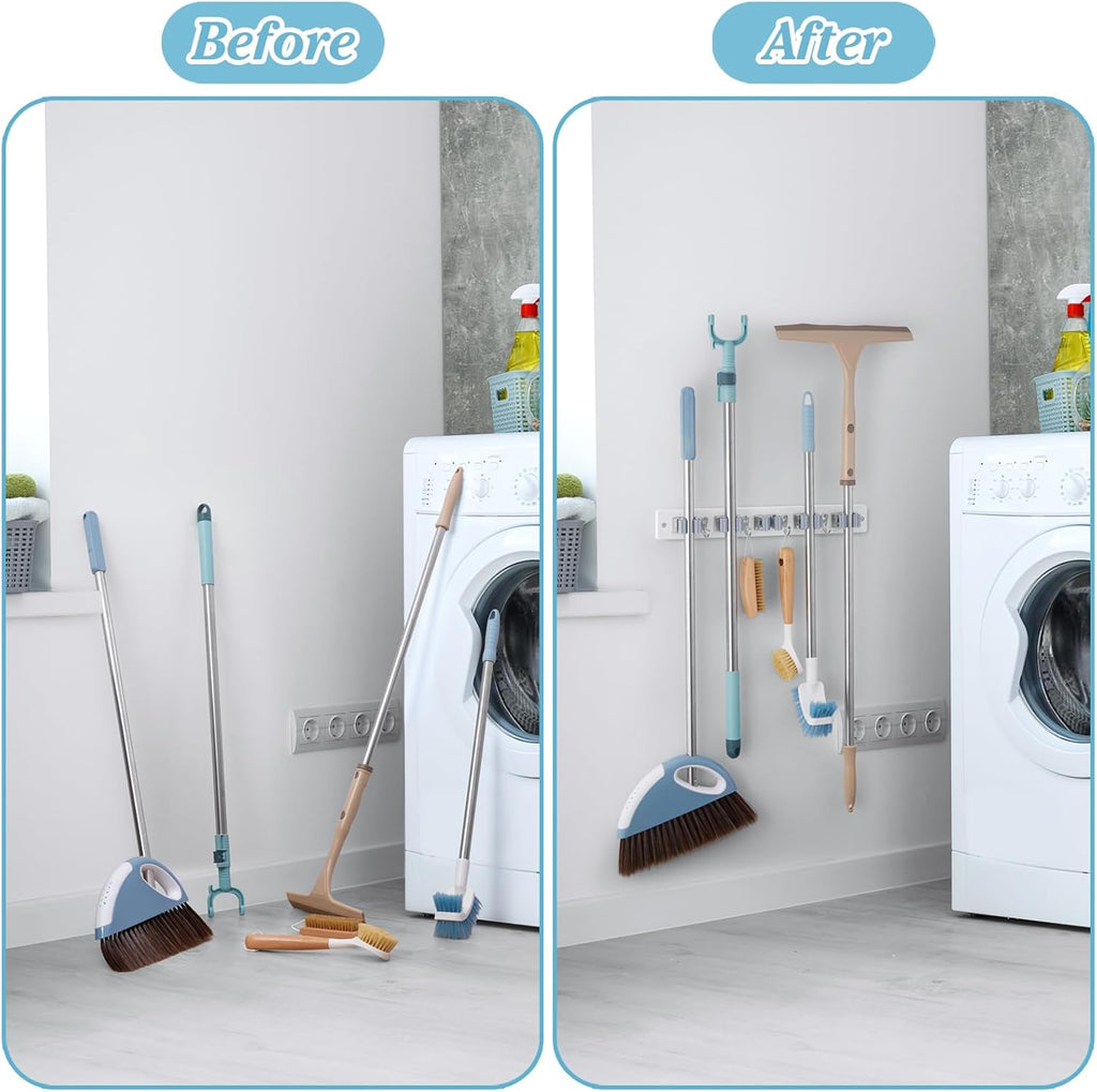 White Broom Holder Wall Mount - Heavy-Duty Wood Organizer with 5 Slots & 4 Hooks | Ideal for Laundry, Kitchen & Garage Storage