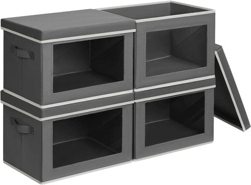 Homsorout Stackable Storage Bins - Medium Foldable Closet Organizers with Lids, 4-Pack, Dark Grey