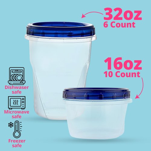 XpressPak 16 Plastic Containers with Screw On Lids - [32 & 16 Oz] - Soup & Salad Food Storage Containers Takeout To Go - Microwave, Freezer & Dishwasher Safe BPA-Free
