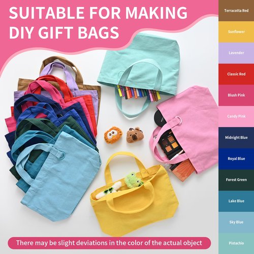 KIDJFGG 12 Pack Small Canvas Tote Bags, Mini Tote Bags Bulk for Women, DIY Blank Reusable Cute Sublimation Totes Bag with Handles & D Ring for Grocery, Mother's Day, Wedding Gifts (Multicolour)