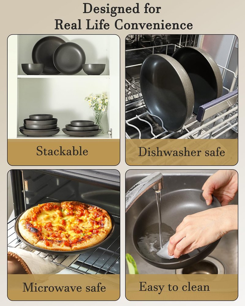 Tikooere Plates and Bowls Sets, 12-Pieces Stoneware Dinnerware Set Ceramic, Matte Black Dishes Set for 4, Scratch Resistant, Microwave and Dishwasher Safe Tableware, Porcelain