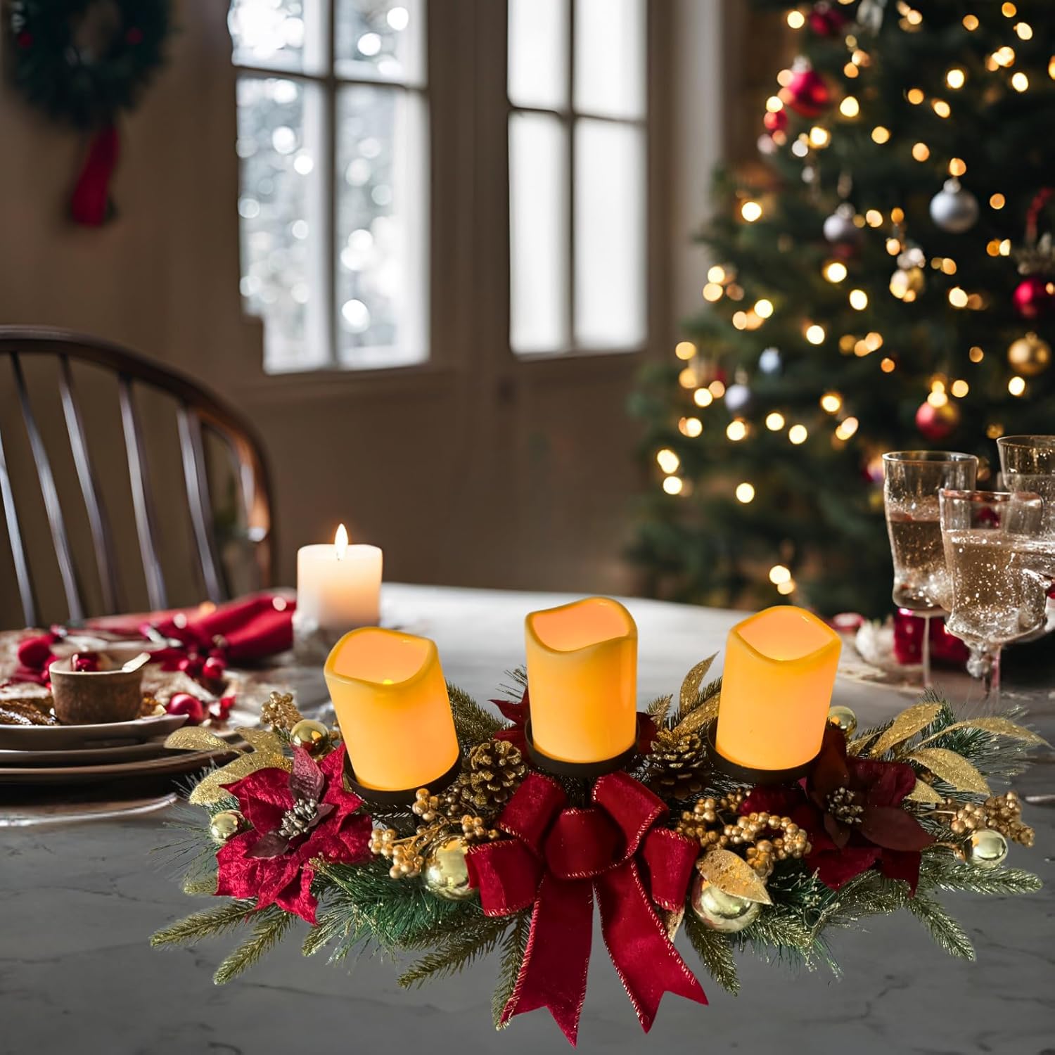 Svndlyn Christmas Candle Holders - Festive 3-Piece Set with Red Poinsettia & Golden Accents for Table Centerpiece