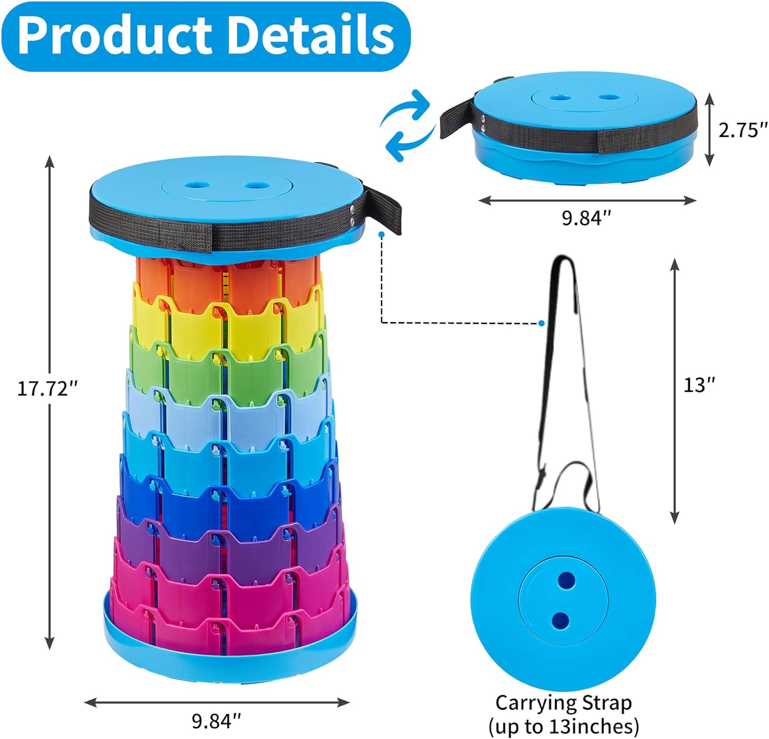 VECELO Telescoping Folding Stool - Upgraded Portable Retractable Design | 400lbs Capacity, Rainbow Blue