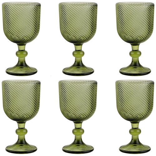 Taganov Green Glasses Drinking Wine Water Goblets Glassware set of 6 Vintage Stem Glasses Stemware 12 Ounces for Wedding Party Bar Twill Pattern Striped 350 ml