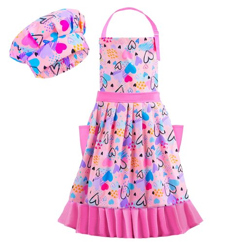 MHJY Kids Apron Hat Set for Girls Vintage Pleated Skirt Aprons with Adjustable Strap Pockets for Baking Cooking (8-12 Years)