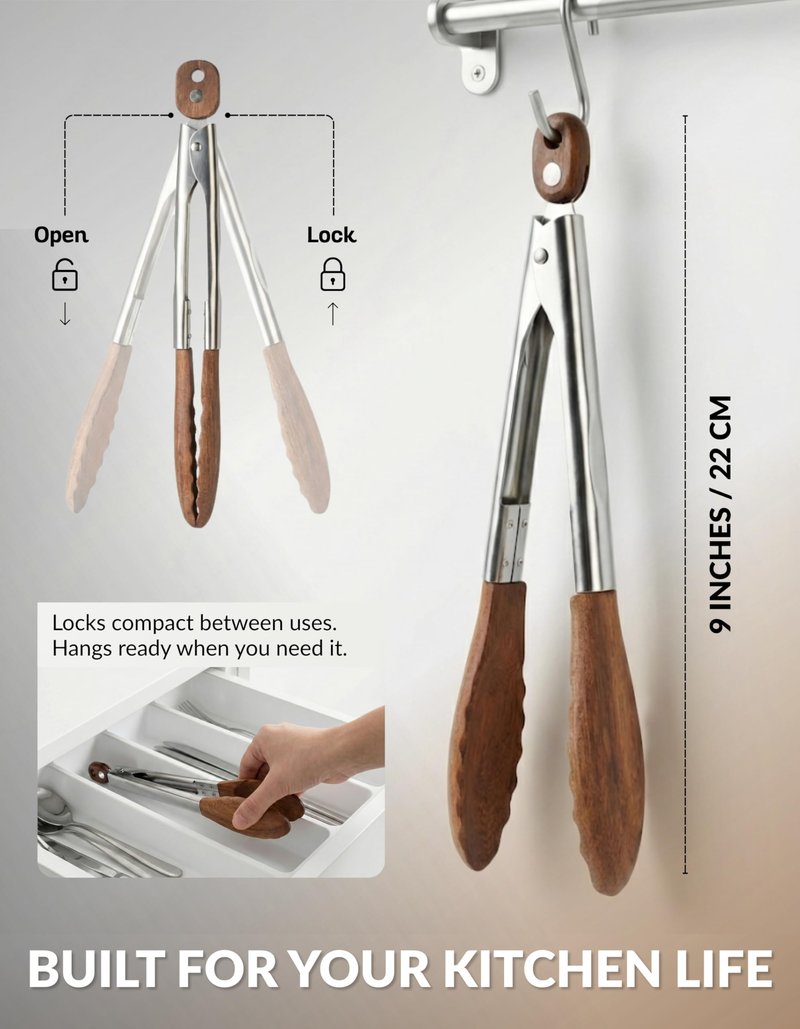 Boxiki Kitchen 9 Inch Tongs for Cooking with Wooden Tips - Nonstick Kitchen Tongs for Serving Food, Cooking, BBQ and Tossing Salad - Made of Walnut Wood