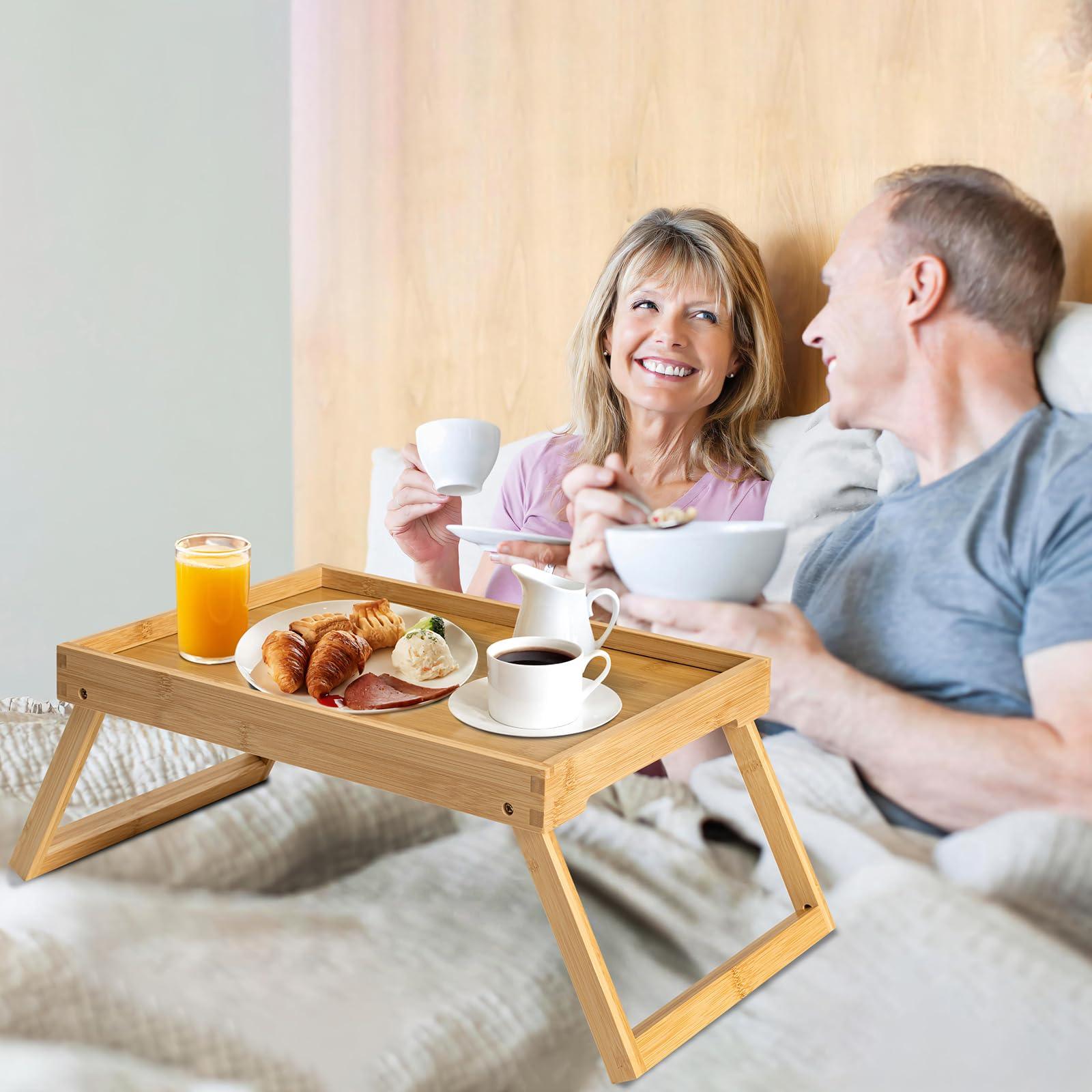 Kaukinye Bamboo Bed Tray Table with Foldable Legs, Breakfast Tray, Laptop Desk for Bed or Sofa,Serving,TV Table Kitchen, Eating,Working, Reading (Beige)