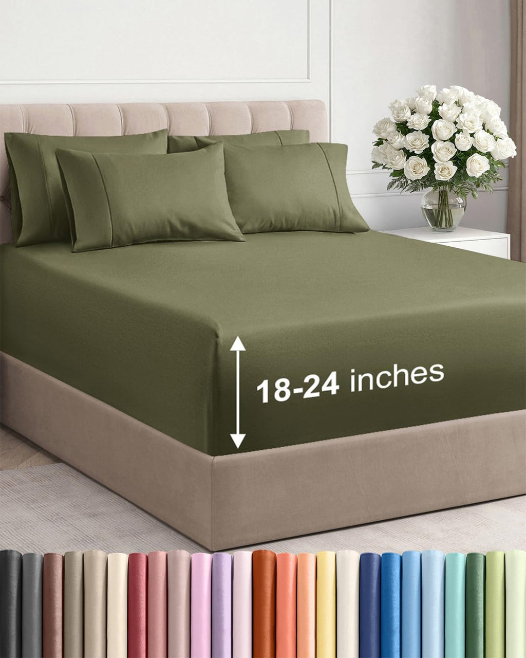 Skiennix Extra Deep King Sheet Set - 6 Piece Breathable Cooling Bedding - Soft Wrinkle-Free Sage Green