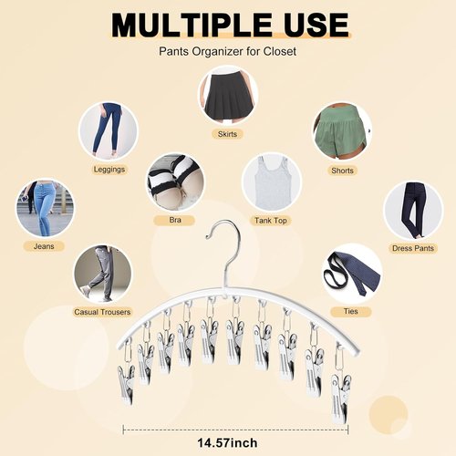 Legging Organizer - Metal Yoga Pants Hanger with Rubber Coated Clips | Space-Saving Closet Solution - White