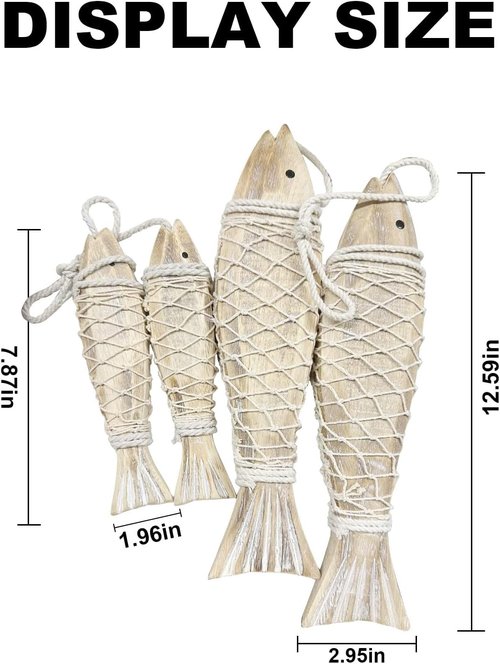 Antique Wood Fish Decor by [Brand Name] - Rustic Nautical Hand-Carved Wall Hanging Ornaments | 12.59" H & 7.8" H