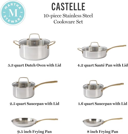 Martha Stewart Castelle 10-Piece Stainless Steel Cookware Set | Durable Induction Safe with Gold Handles