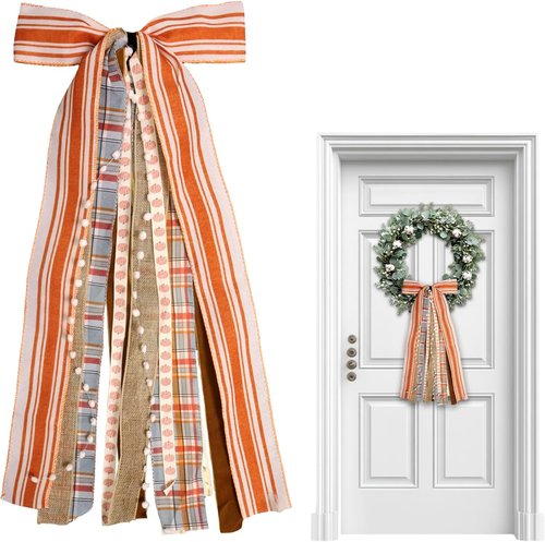 Fall Orange Stripes Wreath Bow - Pumpkin Lace Ribbon Bowknot for Thanksgiving Door Decor