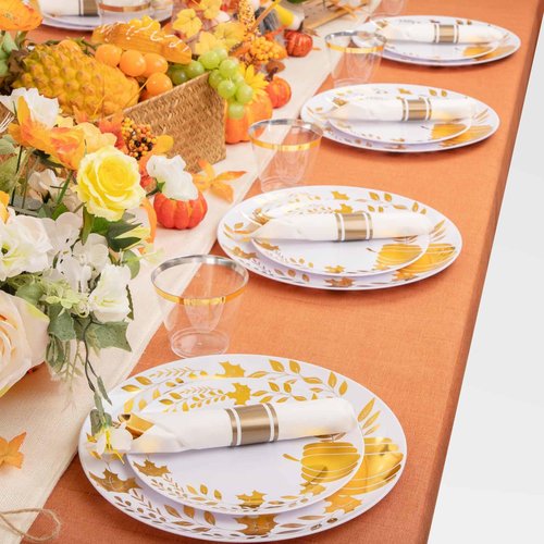 Ciaell 175PCS Thanksgiving Plastic Plate - Disposable Dinnerware Set - White and Gold Plastic Plates Include 50Plates, 75Silverware, 25Cups, 25Napkins for Thanksgiving & Party