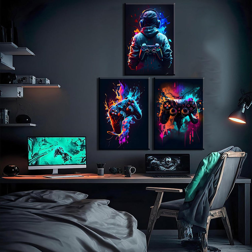 Skiennix Cool Gaming Wall Art - Retro Video Game Watercolor Posters | Colorful Neon Gamepad Canvas Prints for Kids' Rooms