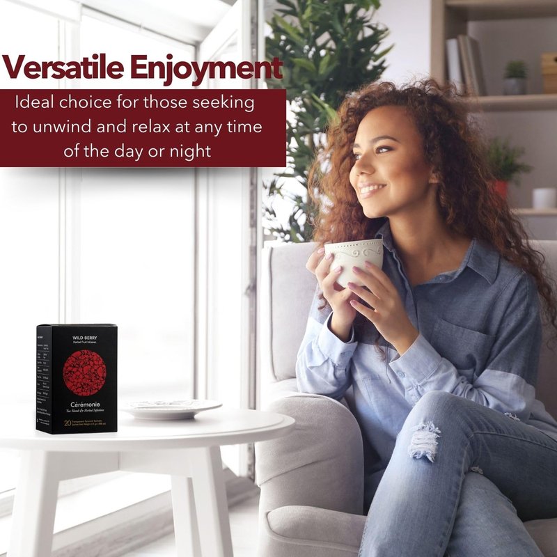 Ceremonie Wild Berry Herbal Fruit Infusion Tea - Full-Bodied, Sweet & Fruity - Caffeine Free with Hibiscus & Wild Berries - Bright Red Hue - 2-3 Minutes Steep Time - 20 Transparent Pyramid Sachet