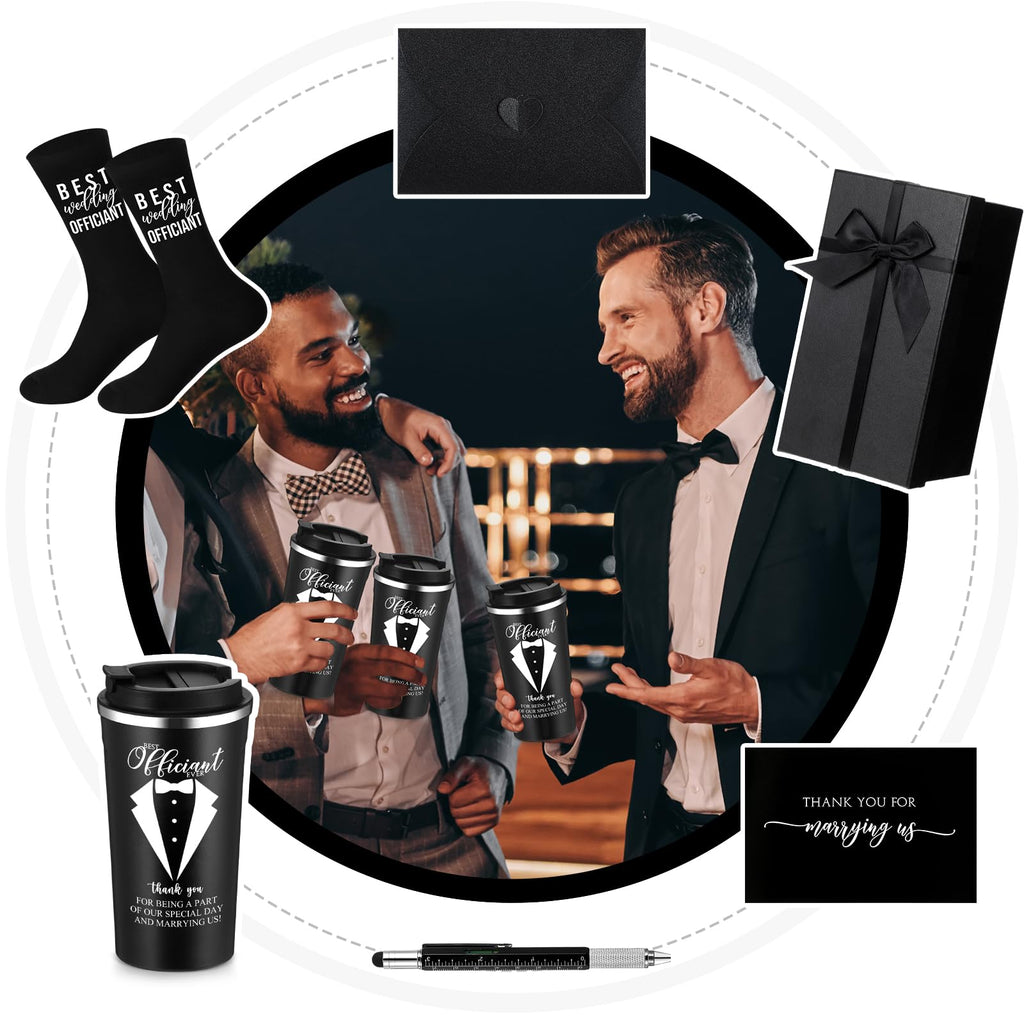 Nuanchu 6 Pcs Officiant Gifts Wedding Proposal Best Officiant Ever Gift 17oz Stainless Steel Coffee Cup Socks Multi Tool Ballpoint Pen with Greeting Card Envelope(Black)