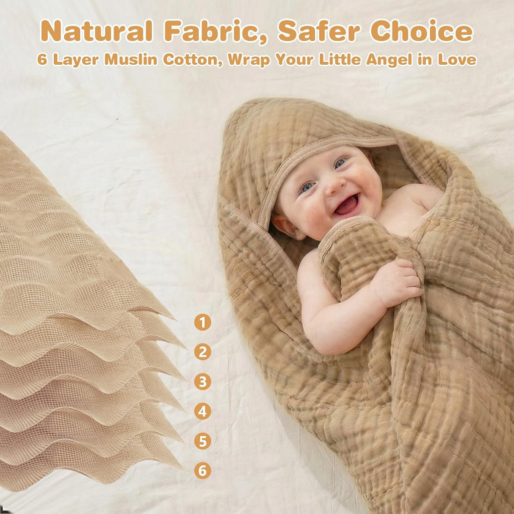 Skiennix Hooded Baby Bath Towels - 6-Layer 100% Muslin Cotton, Soft & Absorbent, Large 32x32 Inch, 2 Pack