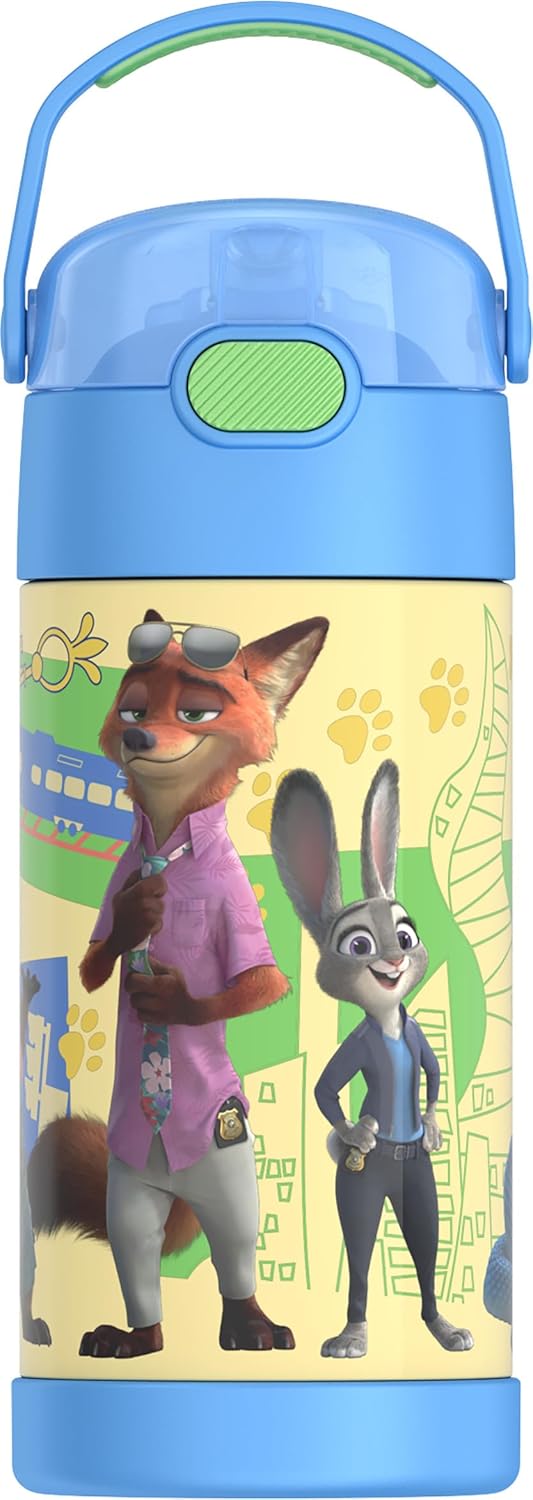 THERMOS FUNTAINER Water Bottle - 12 Ounce Kids Stainless Steel Vacuum Insulated with Straw | Zootopia 2 Design