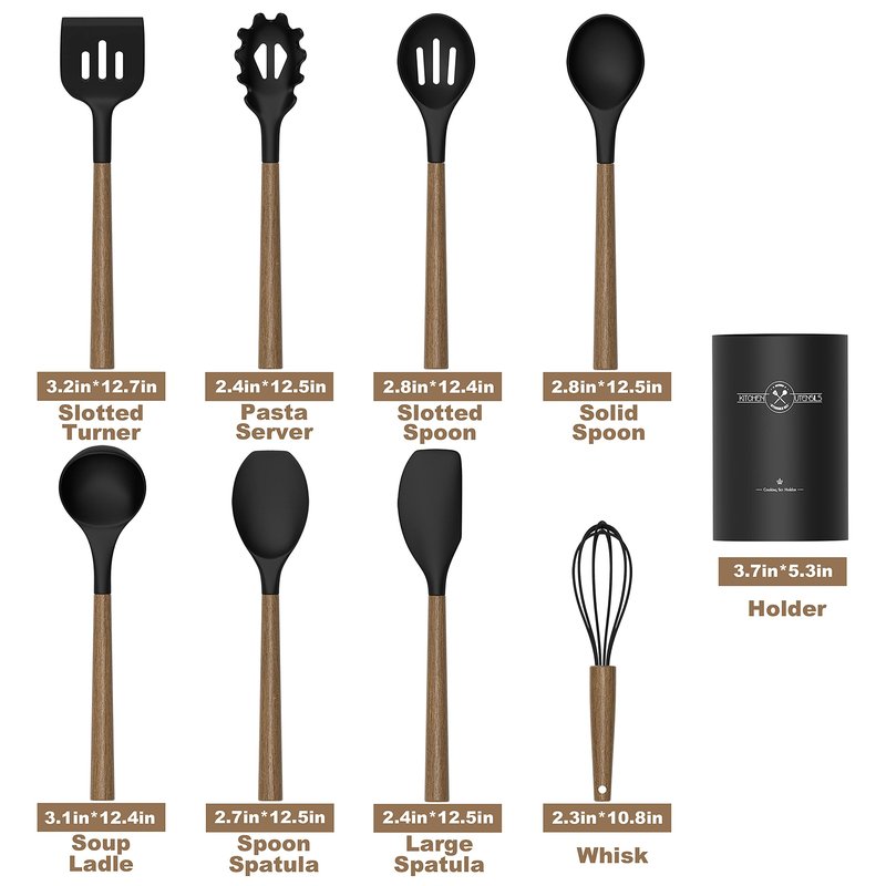 Silicone Kitchen Cooking Utensil Set, 9Pcs Kitchen Utensils Spatula Set with Wooden Handle for Nonstick Cookware, 446°F Heat Resistant Silicone Kitchen Gadgets Utensil Set with Large Holder（Black）