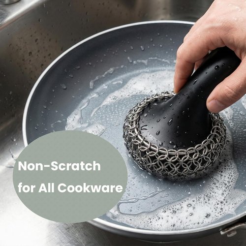 Cast Iron Cleaner | 316 Chainmail Scrubber with Long Handle - Dishwasher Safe Cleaning Kit (Black, 1 Scrubber + 1 Scraper)