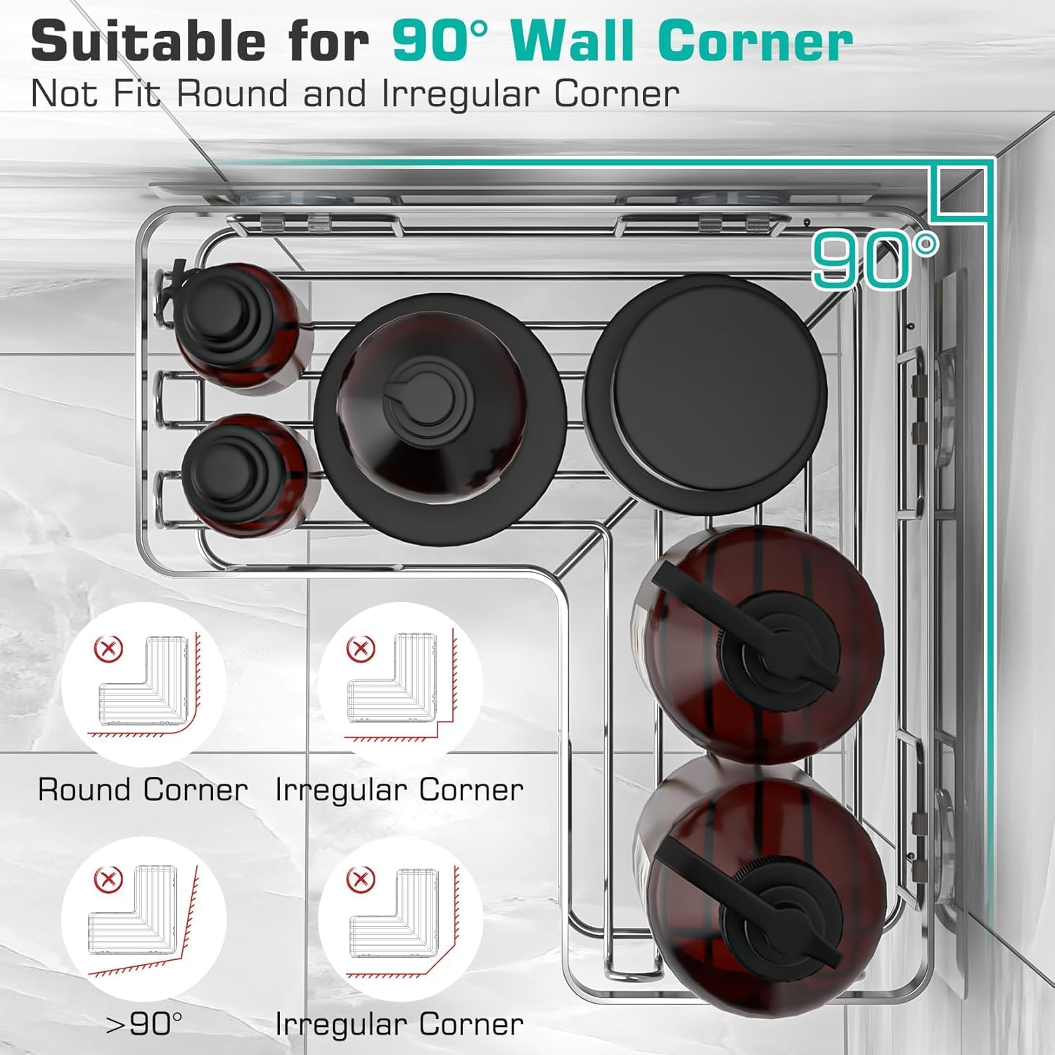 YASONIC Corner Shower Caddy - Rustproof Stainless Steel Bathroom Organizer | No Drilling, 3-Pack, Brushed Silver