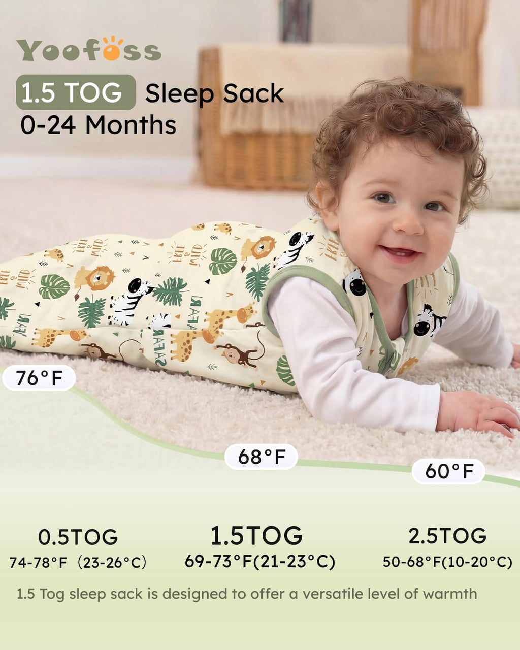 Yoofoss Baby Sleep Sack | 1.5 Tog Wearable Blanket for 6-12 Months | Soft Organic Cotton, 2-Way Zipper