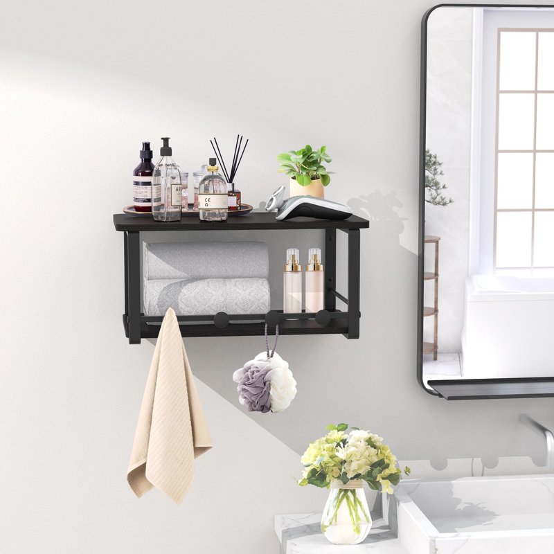 ANYHI Wall Mounted Floating Nightstand, Double Floating Bedside Table, Wood Bedside Shelf with 4 Hooks, Hanging Night Stand for Bedroom, Living Room, Bathroom, Kitchen, Office
