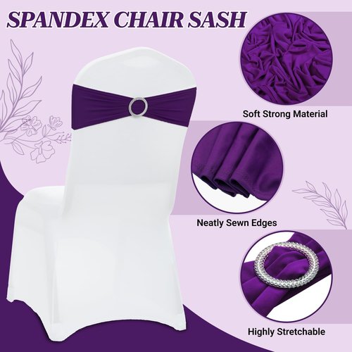 MDS Spandex Chair Sashes - Universal Fit Elastic Stretch Bands with Buckle Slider Bow | 150 Pack - Purple
