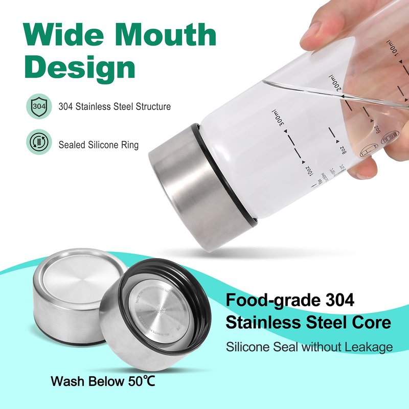 Lucidora 4 Pcs 12oz Glass Juice Bottles with Lids, Wide Mouth Glass Water Bottles with Measurement Markings Reusable Borosilicate Bottle for Juicing Smoothies Beverages, Leakproof Stainless Steel Caps