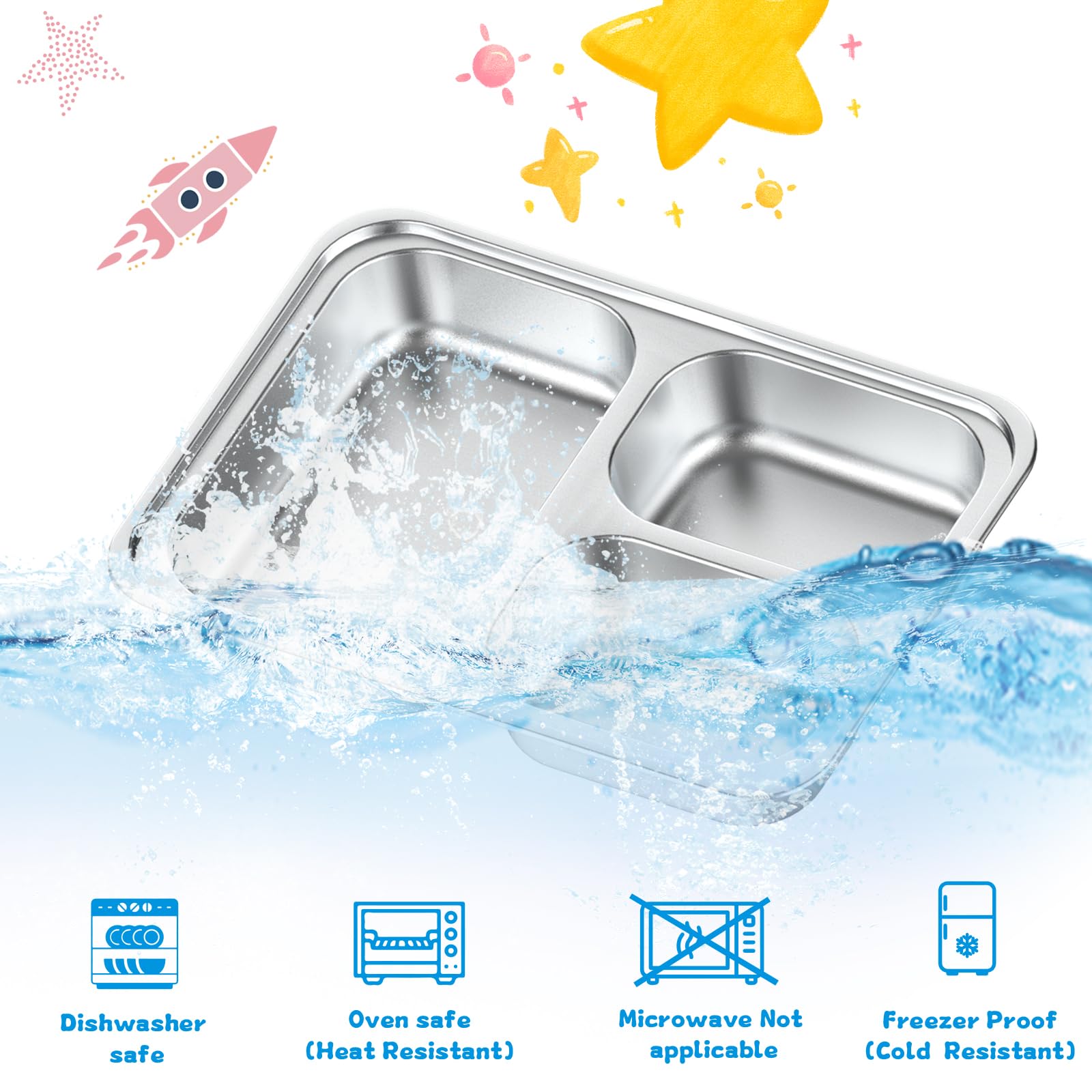 Bakpoco Stainless Steel Divided Plate for Kids Toddler, Non Toxic Portion Control Plate Dinner Plate with Lid for Adults Weight Loss, 4 Pack 3 Sections Rectangular Snack Plate Tray