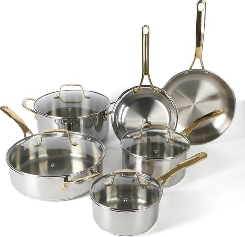 Martha Stewart Castelle 10-Piece Stainless Steel Cookware Set | Durable Induction Safe with Gold Handles