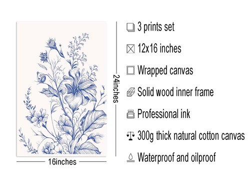 Blue Flowers Wall Art Set of 3, Chinoiserie Floral Canvas Wall Decor, Botanical Wall Art, Blue-Purple Wildflower Pattern Prints, Blue and White Plant Painting for Bathroom Bedroom 16x24 in Framed