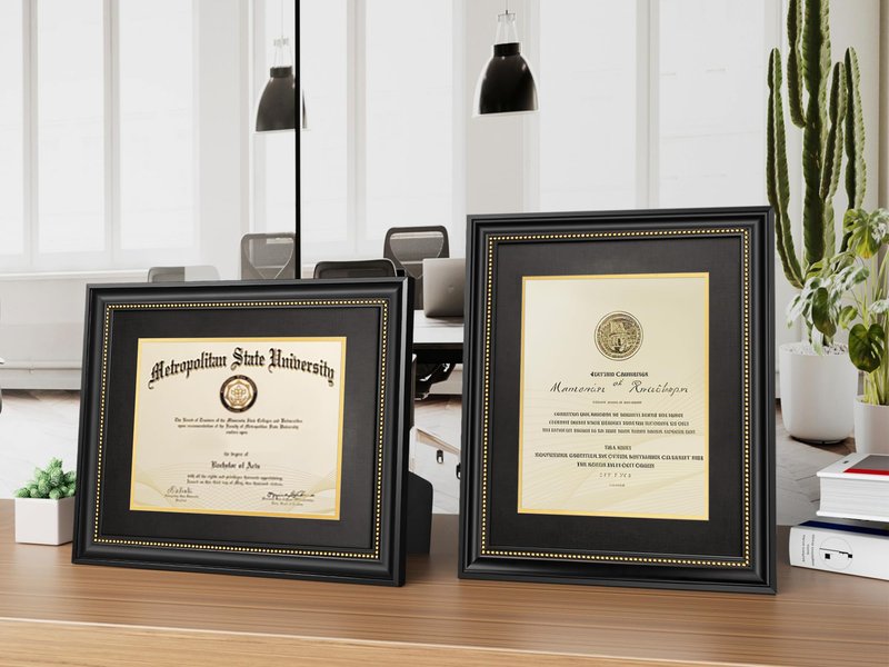 Yaetm 11x14 Diploma Frame, Certificate Frame with Tempered Glass, Display 8.5x11 Document with Black Over Gold Acid-free Mat, Degree Frames for Wall and Tabletop, Black with Gold Beads, 2 Pack