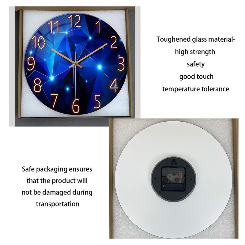 Constantplanet Blue Wall Clock Battery Operated 16 Inch Analog Glass Wall Clock Non Ticking Large Wall Clocks for Living Room Decor
