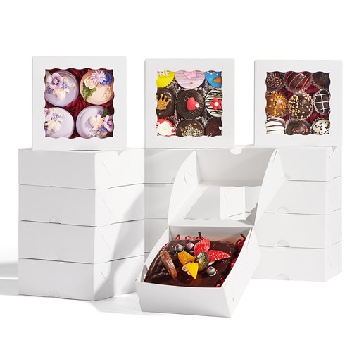 RomanticBaking 51PCS 5x5x2 Inch Bakery Boxes,Cookie Boxes with Window, Pastry Boxes for Macaroon Dessert Cupcake Donut Pastry Muffins
