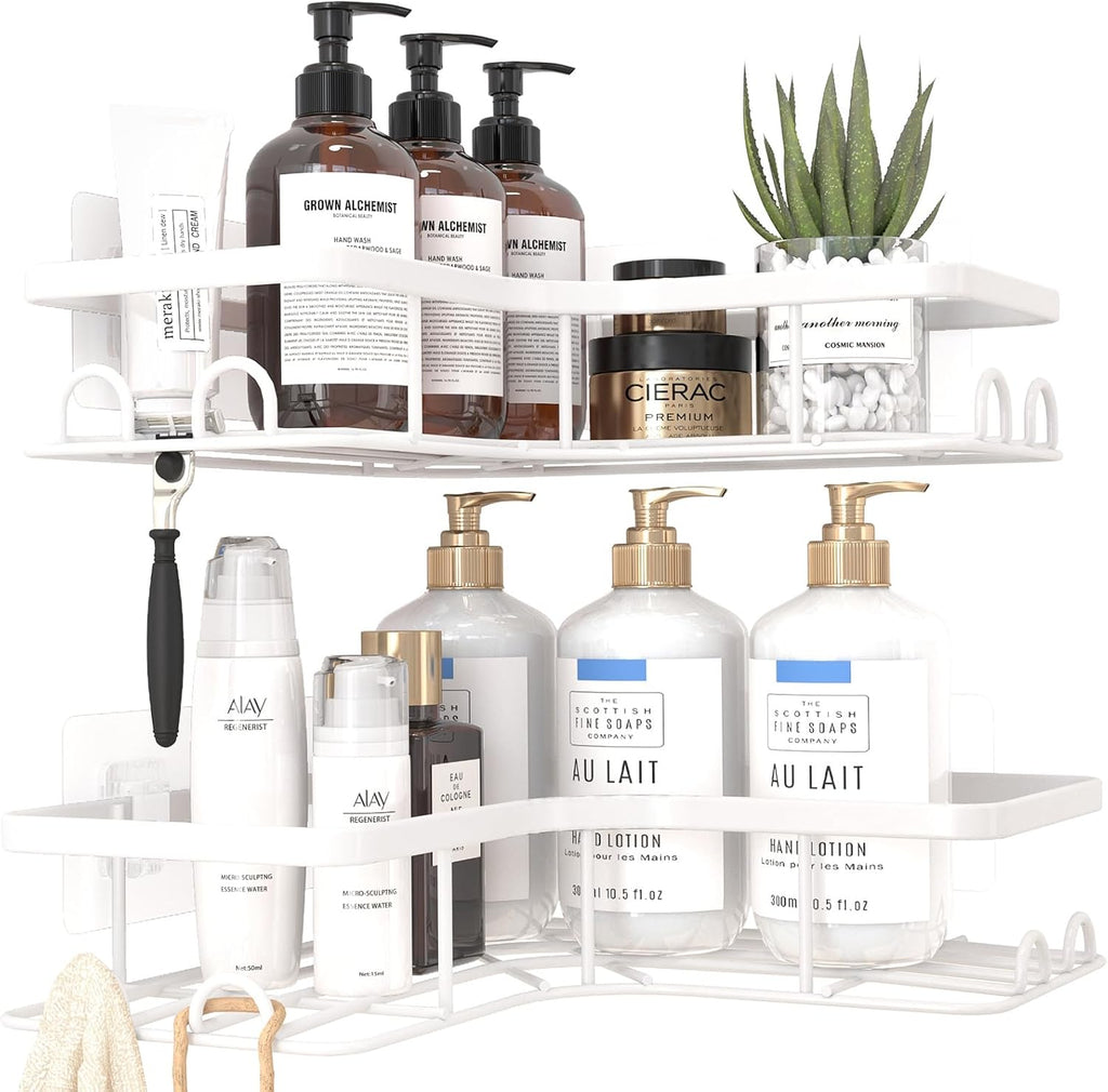 Sakugi Corner Shower Caddy - Rustproof Stainless Steel Organizers with 8 Hooks | No-Drill, Space-Saving, Large, White - 2 Pack