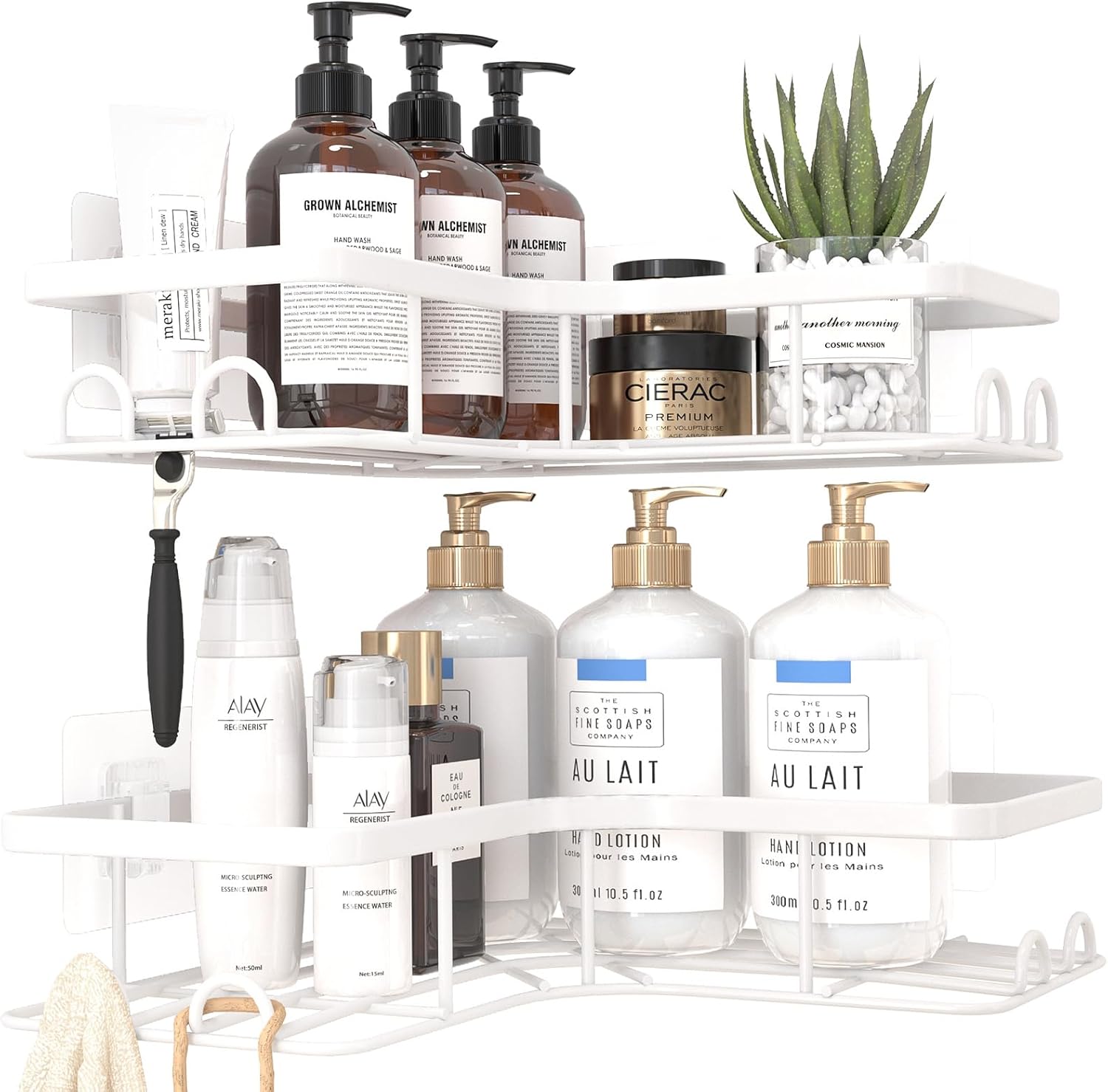 Sakugi Corner Shower Caddy - Rustproof Stainless Steel Organizers with 8 Hooks | No-Drill, Space-Saving, Large, White - 2 Pack