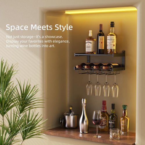 B4Life Wine Rack Wall Mounted with Stemware Hanger, Wine Glass Holder Industrial, Glass Bottle Shelf for Wall, Floating Shelves with Storage, Liquor Bottle Holder for Bar Shelves, Kitchen(Black, 1)