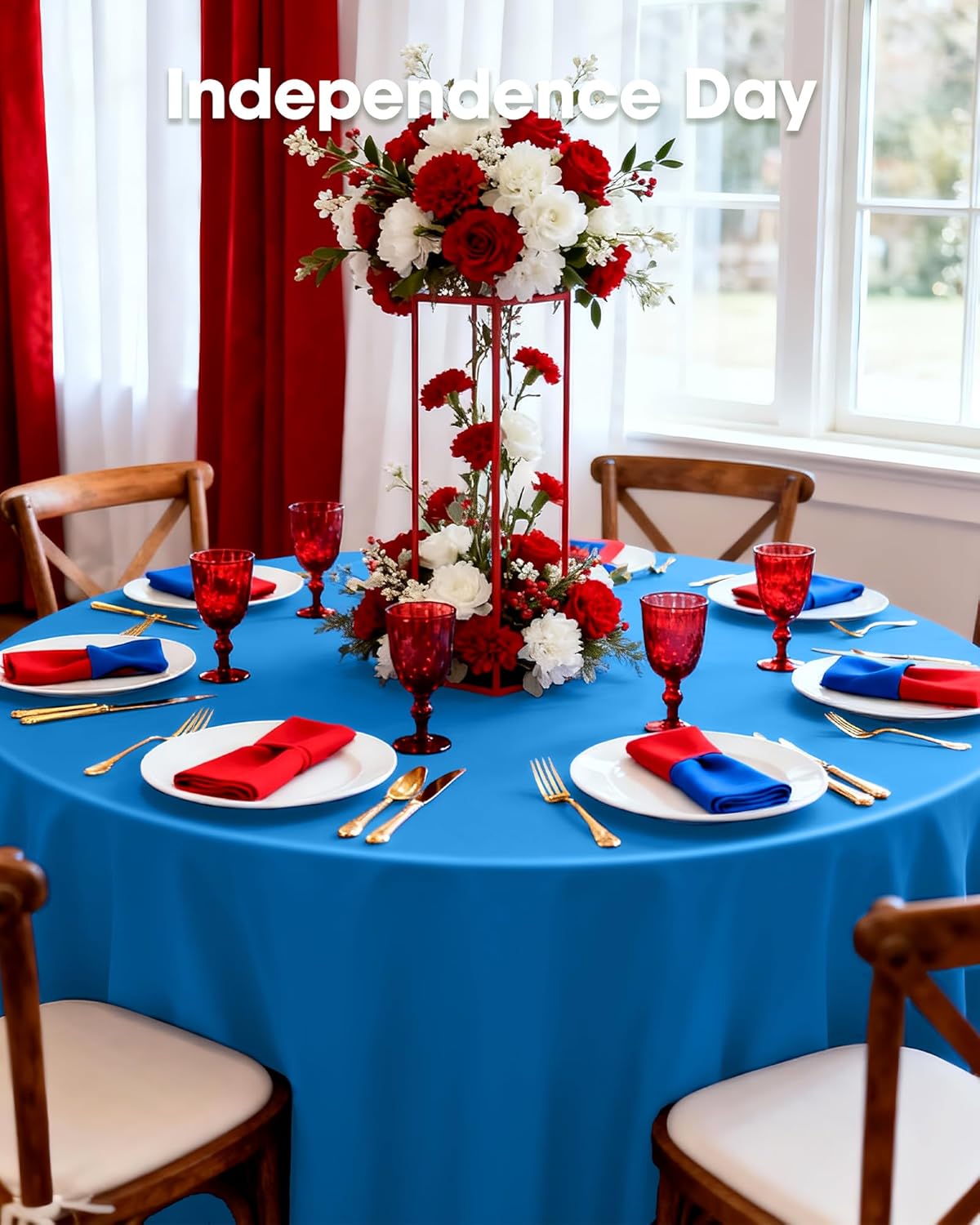 Pureegg Disposable Plastic Table Cloths - 84'' Round, Sturdy & Leakproof for Graduation, Thanksgiving, Patriotic Events | 10 Pack, Blue