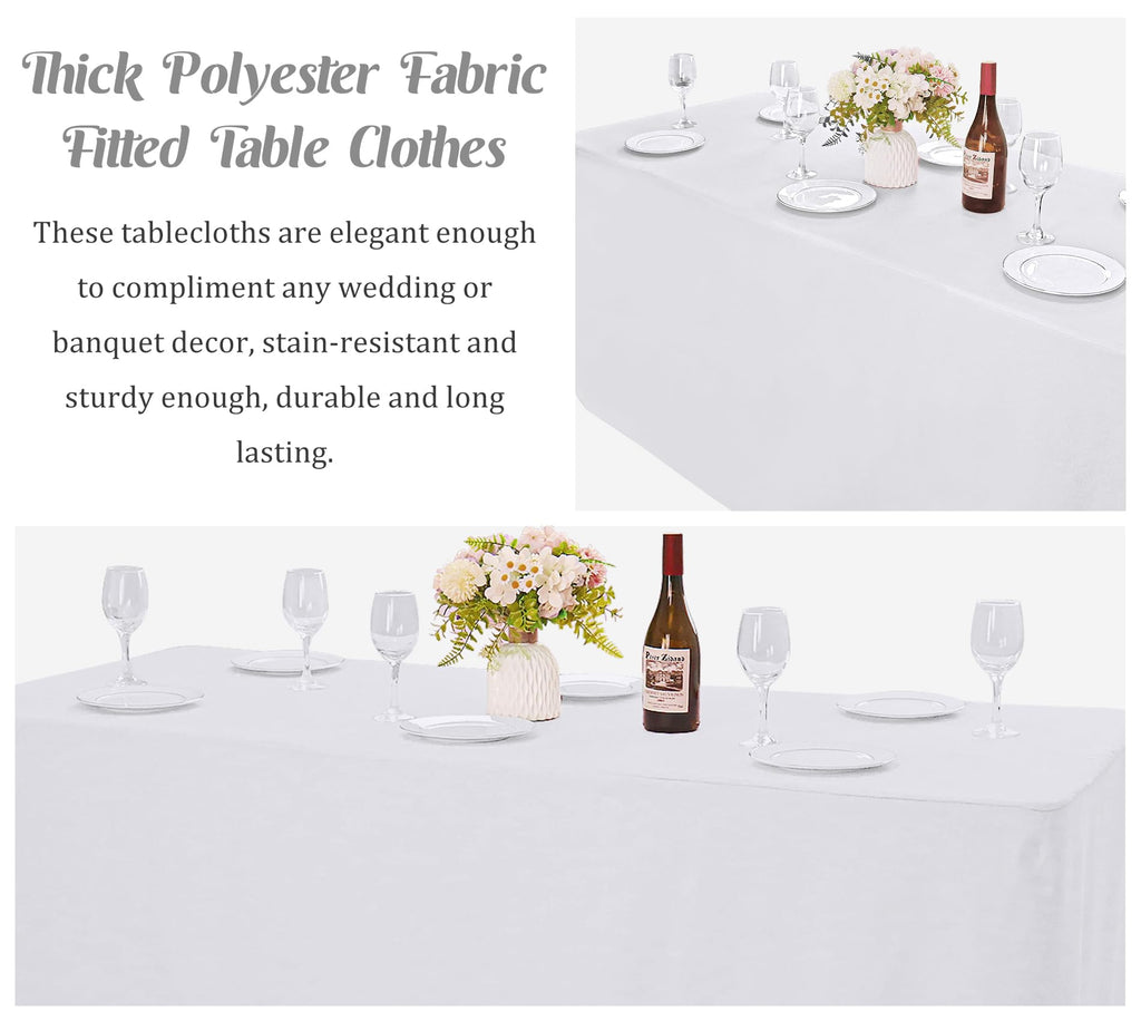 Fivenl 2 Pack Fitted Tablecloths 96 x 30 Inch, White Rectangle Table Clothes for 8 Foot Tables, Washable Polyester Fabric Table Cover for Parties, Wedding, Banquet, Trade Show