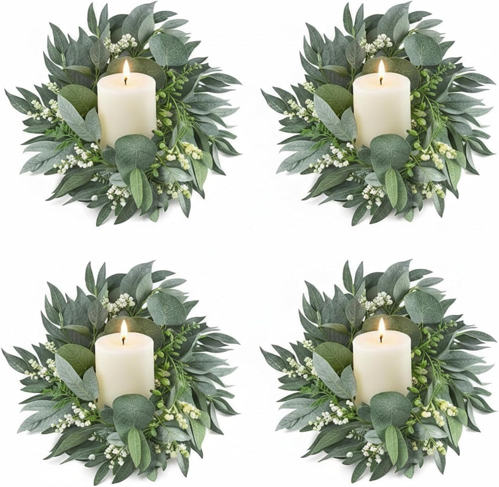 Thinkday Eucalyptus Candle Ring Set - 4 Inch Mini Artificial Wreaths for Home Decor | Green Floral Centerpieces