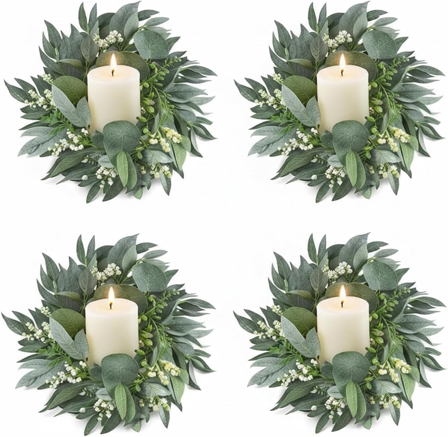 Thinkday Eucalyptus Candle Ring Set - 4 Inch Mini Artificial Wreaths for Home Decor | Green Floral Centerpieces