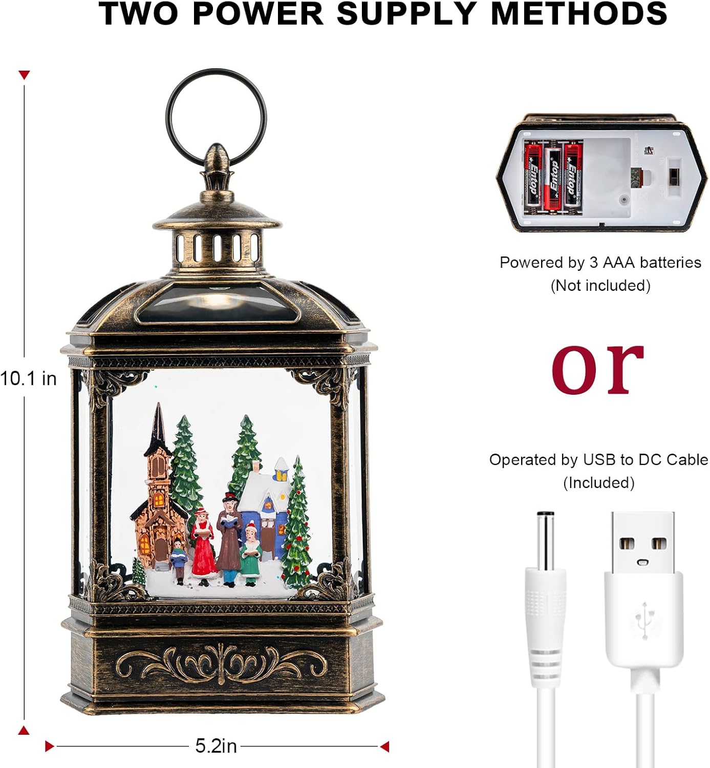 VISFLAIR Musical Snow Globe Lantern | Lighted Church Carolers Christmas Decoration - Battery or USB Powered